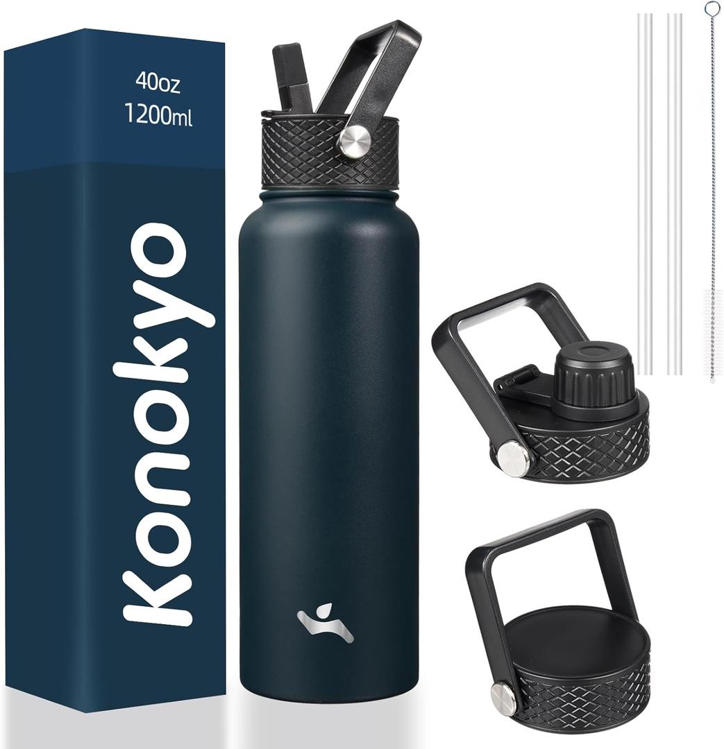 Konokyo 40oz Insulated Water Bottle Stainless Steel Sport Bottles with 3 Lids,Navy Blue