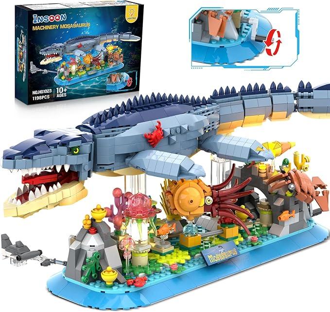 Mosasaurus Building Set with LED Light, 1219 PCS Movable Ocean Animal Building Block Toy with Nautiluses Jellyfish Squid Coral Reef, Ancient Reptile Home Decor Gift for Adults Teens Boys 12+