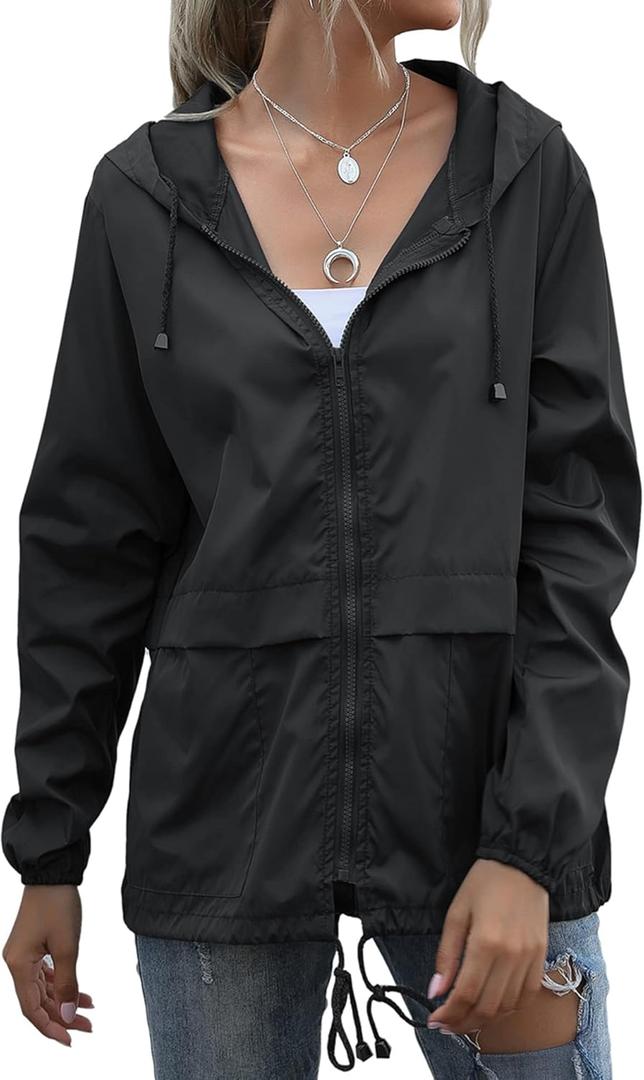 Women's Waterproof Raincoat Lightweight Rain Jacket Hooded Windbreaker with Pockets for Outdoor (Black, L)