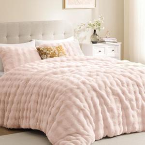 downluxe Queen Comforter Set, Fluffy Comforter Faux Fur Comforter Queen Set, Faux Rabbit Fur Winter Bedding Set with 2 Pillowcases, Light Pink