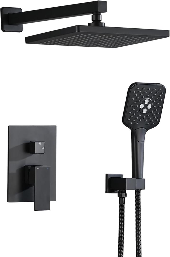 Shower system with Concealed Valve, Wall Mounted Shower Faucet Set for Bathroom, High Pressure 10-inch Rain Shower head and 3-Setting Handheld Shower Head Set,Matt Black