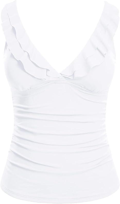 Yonique Women's Tankini Top Only Tummy Control Bathing Suit Top Ruffle Swimsuit Top V Neck Swim Tank Top No Bottom XXL