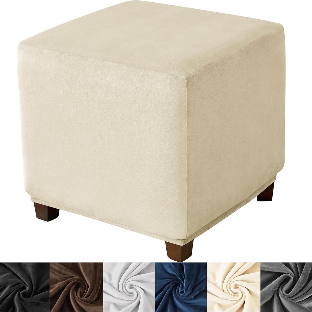 HFCNMY Ottoman Cover Square,Stretch Velvet Square Thick Slipcover Washable Storage Foot Stool with Elastic Bottom Beige Small 20230624XZFXDT-13 (18"D x 18"W x 15"H)