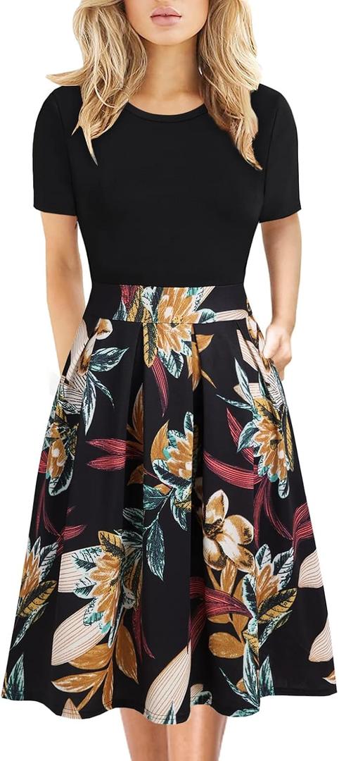 Women's Elegant Knee Length Dresses Vintage Summer Office Casual Floral Print Work Party A-Line Swing Dress with Pockets (XL, Black Yellow)