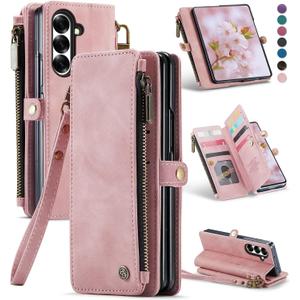 Defencase for Samsung Galaxy Z Fold 7/ Fold7 Wallet Case with RFID Blocking 10-Card Holder, Fashion Soft PU Leather Magnetic Snap Flip Zipper Wrist Strap Phone Case for Galaxy Z Fold 7 5G, Rose Pink