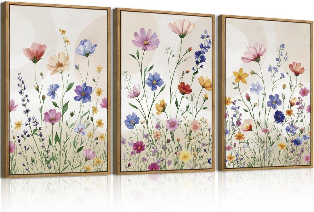 Large Colorful Daisy Wildflower Framed Canvas Wall Art Set,Watercolor Botanical Floral Green Leaf Wall Decor,Bright Spring Flower Artwork for Living Room,Bedroom,Farmhouse -16"x24"x3, 16L"x24W"