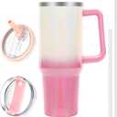 40 oz Tumbler with Handle and Flip Straw Lid, Vacuum Insulated Leak Proof Double Walled Stainless Steel Glitter Travel Mug Tumblers, Maintains Cold Ice and Heat for Hours(White Pink Gradient)
