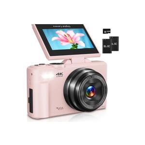 Digital Camera for Photography, 4K Vlogging Camera for YouTube 3" 180° Flip Screen 18X Digital Zoom Compact Cameras with 32GB TF Card & 2 Batteries, Pink