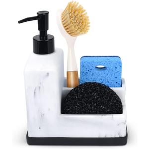 Dish Soap Dispenser with Sponge Holder,White Marble Look Liquid Hand and Dish Soap Dispenser and Spong Caddy with Brush Holder 3 in 1 Countertop Organizer for Kitchen Sink and Bathroom,White