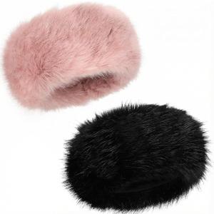 2 Pieces Women Faux Fur Headband with Elastic Winter Earwarmer Earmuff Ski Hat (Black, Pink)