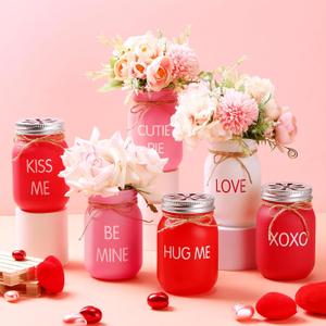 Tioncy 6 Pcs Valentines Day Mason Jar Centerpiece for Table Mason Jars Set Farmhouse Decoration Conservation Heart Painted Decorative Jars for Valentines Day Home Decoration Kitchen Table Centerpiece
