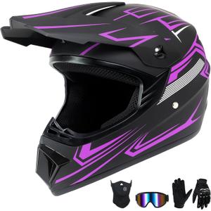 Youth Dirt Bike Helmet,Kids Motocross Full Face Helmets,Mountain Bike BMX MX ATV Girls Motorcycle Helmet for Kids 8-14 with(Goggles,Gloves,Mask) 4-Pcs Set,DOT Approved (Purple, M)