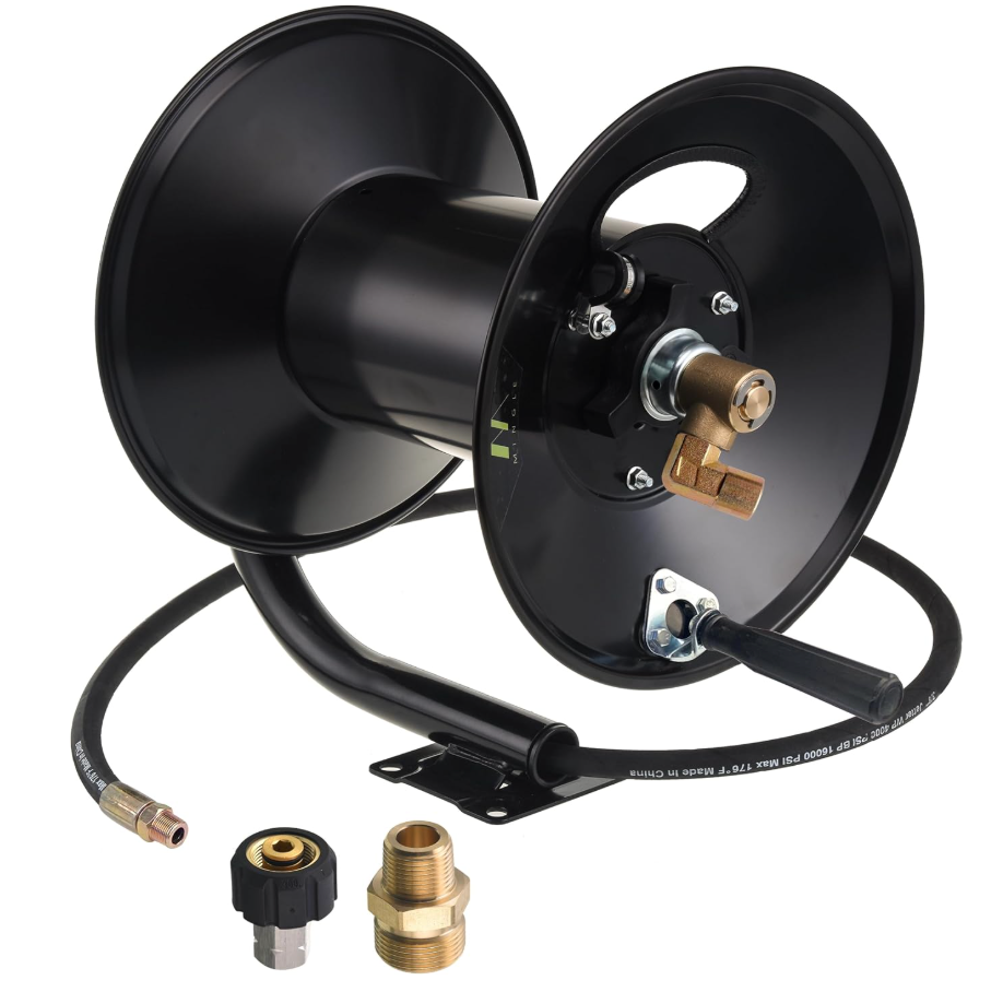 M MINGLE High Pressure Washer Hose Reel 150ft, Heavy Duty Steel Hose Reel, Manual Crank Power Washer Hose Reel with 3/8" Pressure Wash Whip Hose, Swivel Arm and Mounting Bracket, 4000 PSI