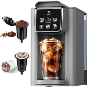 KIDISLE Hot & Iced Coffee Maker with Bold Setting, Single Serve Coffee Maker for K Cup and Grounds, 6-14 Oz Brew Sizes, 50 Oz Removable Water Tank, One Cup Coffee Machine with Reusable Filter, Grey