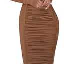 Off the Shoulder Dresses for Women Sexy Bodycon Mesh Long Sleeve Ruched Contrast Binding Split Cocktail Club Maxi Dress, Brown, XS