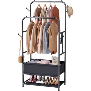 Furologee Double Rods Clothing Garment Rack with Storage Box,Clothing Rack for Hanging Clothes with 4 Side Hooks,Metal Frame Wardrobe Clothes Organizer for Bedroom,Living Room,Black