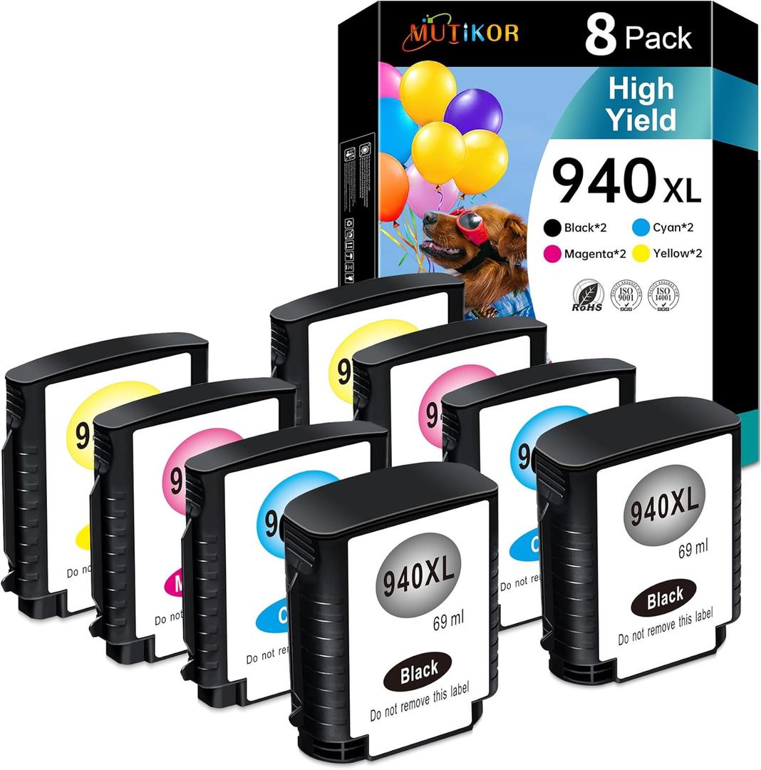 940XL Ink Cartridge Compatible for HP 940 940XL 4906AN 4907AN 4908AN 4909AN Ink Cartridge for Officejet Pro 8000 8500 8500A 8500A Plus Printer (8-Pack 2Black 2Cyan 2Magenta 2Yellow)