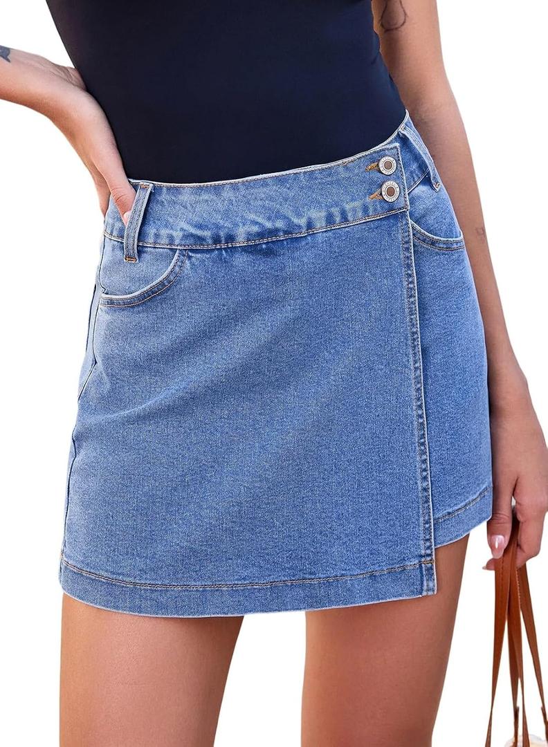 Sidefeel Skorts for Woman Casual Trendy High Waisted Stretchy Jean Shorts Asymmetrical Summer Denim Mini Skirts Light Blue Size 12