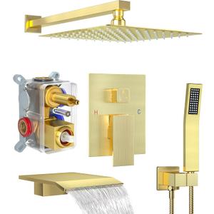 Shower System with Tub Spout, 10-Inch High-Pressure Rain Showerhead and Handheld Combo, Brushed Gold Shower Faucet Set with Rough-in Valve and Trim, Wall Mounted 3-Way Shower Set