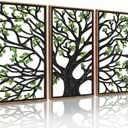 CHDITB Wooden Tree of Life Framed Wall Art(Set of 3, 16"x32"), 3 Panel Rustic Birch Green Leaves Hollow Laser Cut Artwork Decor, Modern Family Tree Wall Sculpture for Living Room Bedroom