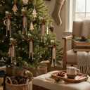 Simgoing 6 Pcs Beige Rustic Christmas Candy Cane Ornaments 7 Inch Burlap Wrapped Farmhouse Candy Cane Christmas Tree Hanging Decoration with Bells for Home Xmas Crafts Party Decoration