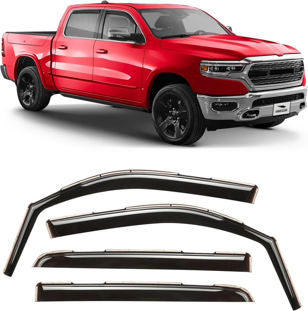 Voron Glass in-Channel Extra Durable Rain Guards for Trucks Dodge RAM 1500 2019-2026 Crew Cab, Window Deflectors, Vent Window Visors, 4 Pieces - 220159