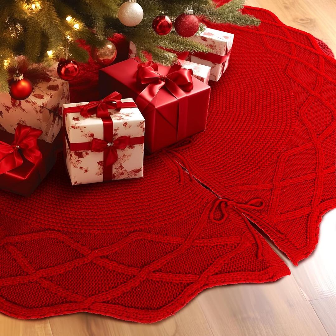 WBHome Christmas Tree Skirt, 48 inch Cable Knit Knitted Thick Rustic Holiday Decoration, Christmas Red