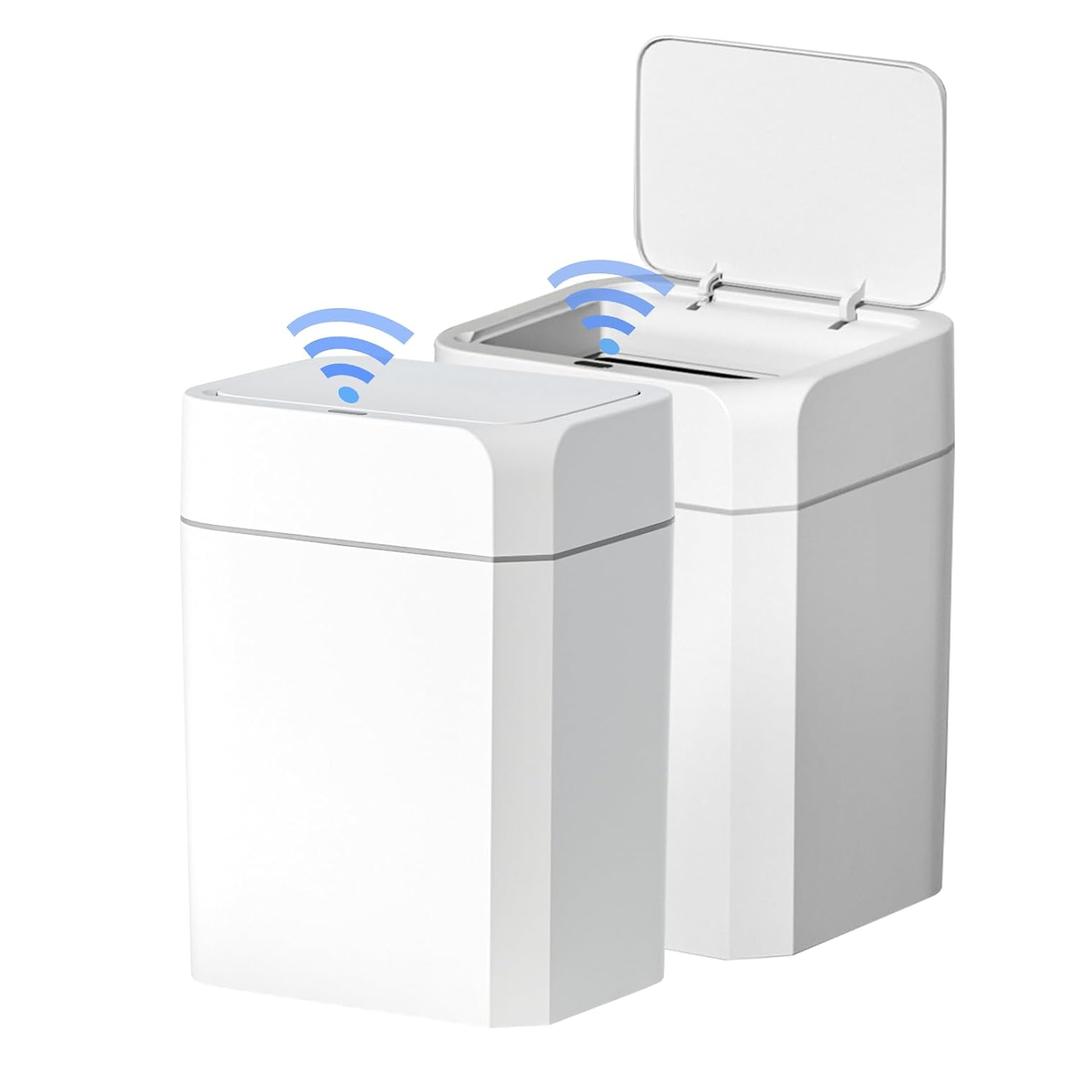 ELPHECO 2 Pack 3.5 Gallon Bathroom Trash Can with Lid Motion Sensor Slim Garbage Can Waterproof Smart Small Trash Bin for Bathroom, Kitchen, Office, Bedroom, Living Room, Toilet, White