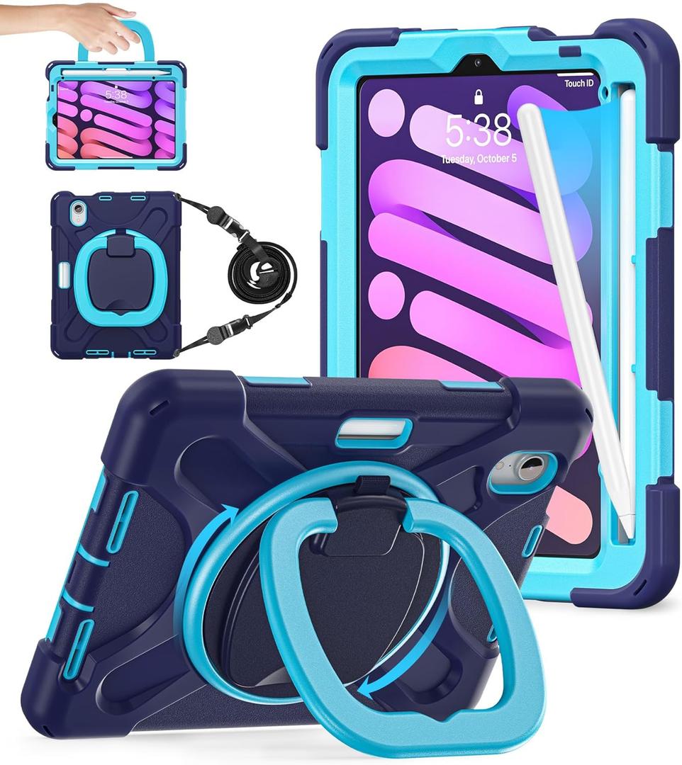 BATYUE Case for iPad mini 7 (A17 Pro) 2024/ iPad mini 6 (A15 Bionic) 2021 8.3 inch, Shockproof Case for iPad mini 7th/6th Gen with Pencil Holder/ 360 Swivel Stand/Shoulder Strap - Navy Blue