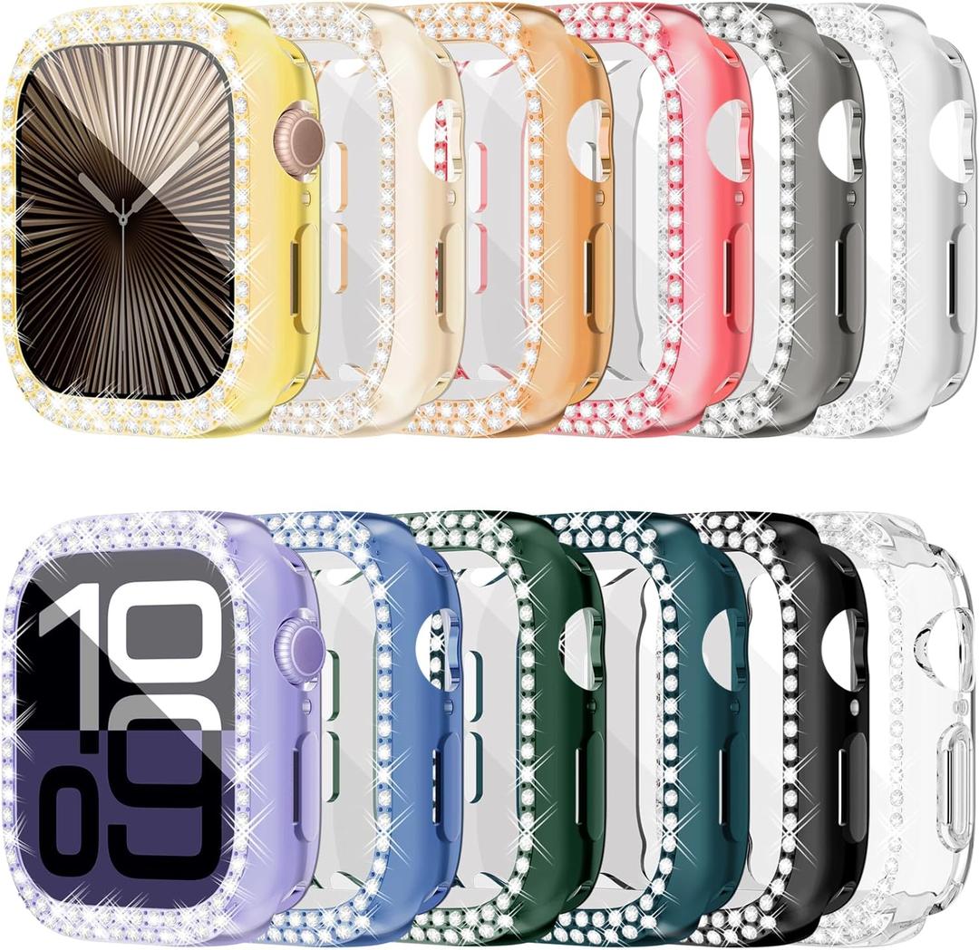 [12Pack] RICHONE Bling Case for Apple Watch Series 10 42mm 46mm Rhinestone Screen Protector, Soft TPU Protective Face Covers for iWatch 10 Bumper Sparkly Accessories for Women(42MM,12 Vibrant Colors)