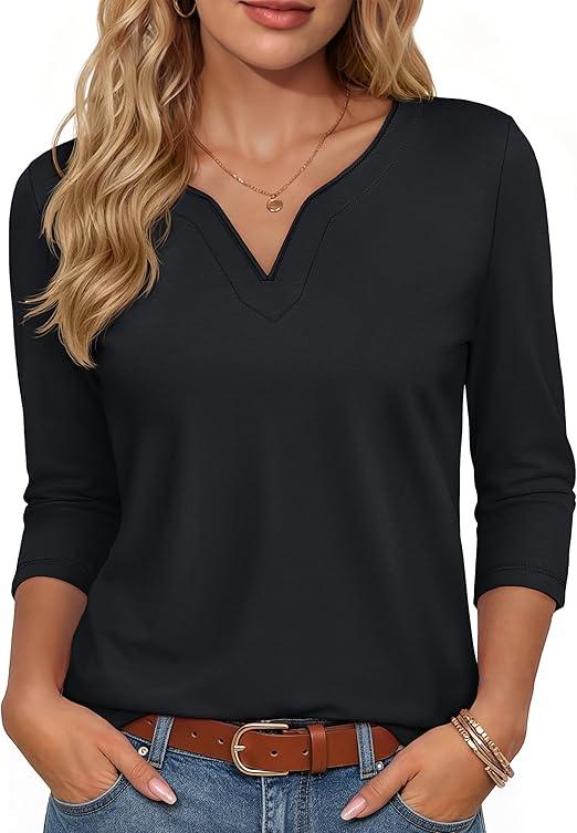 3/4 Length Sleeve Womens Tops V Neck Henley Shirts Dressy Casual Tunic Blouses Cotton Work Summer Tees, M