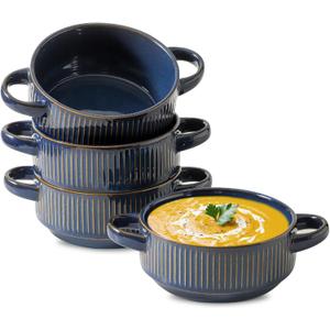 Soup Bowls with Handles, 23 oz French Onion Soup Crocks, Stackable Soup Bowl Oven Safe for Chili, Beef Stew, Embossment Ceramic Bowl Set - 5.4 Inch, Set of 4,Blue