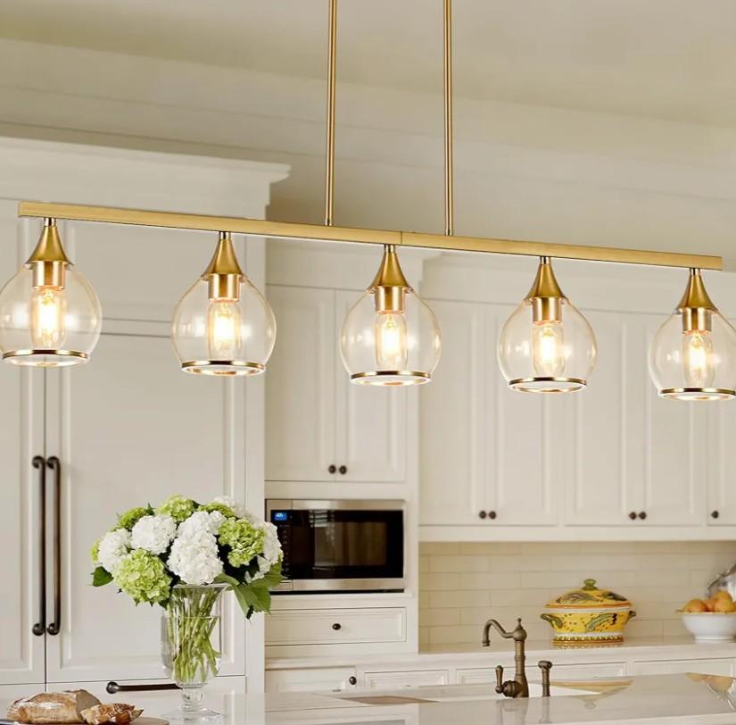 Island Light for Kitchen, 5-Light Gold Kitchen Island Linear Hanging Pendant Chandeliers, Brushed Gold Dining Room Light Fixture Over Table with Clear Round Glass Shades