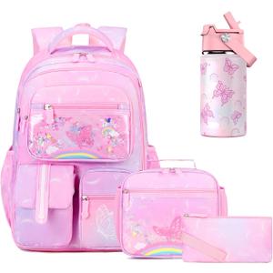 ACESAK Kids School Backpack for Girls, Rainbow Bookbag Backpack with 14OZ Water Bottle, Lunch Bag Set for GirlsTeens Middle Student, Girls Backpacks for School (Pink), Large