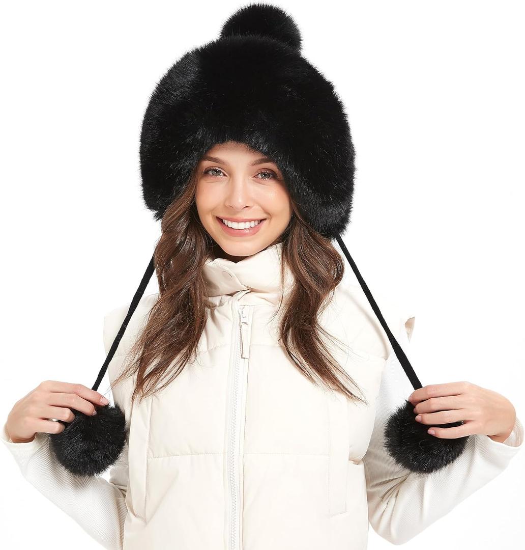 Winter Hats Cute Kint Hat Russian Fur Crochet Hat Slouchy Beanies with Pompom Warm Fuzzy Snow Cap Trapper Hat for Women (Black)