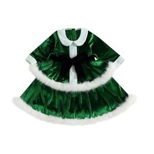 Kid Little Girls Christmas Outfit Santa Claus Velvet Lapel Long Sleeve Dress Princess Party Layered Dresses with Belt (Green, 3-4 Years)