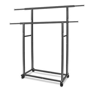 Fishat Black Simple Standard 2 Double Rod Clothing Metal Garment Rack for Hanging Clothes, Rolling Clothes Organizer with Mobile Lockable Wheels