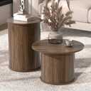 Set of 2 Round Nesting Coffee Tables for Living Room, Fluted Circle Walnut Wood Coffee and End Table Sets for Apartment, Small Spaces, Bedroom, Modern Style, Easy Assembly & Maintenance