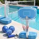 Pool Volleyball Net&Pool Basketball Hoop 2 in 1,Pool Volleyball Net for Inground pools,Pool Basketball Hoop Poolside with Base&StandIncludes 3 Balls/2 Base/Pump, Summer Outdoor Pool Games for Adults