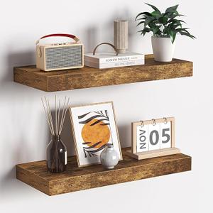 Fun Memories Floating Shelves for Wall, 7x16 Floating Shelves Set of 3, Hanging Shelf with Invisible Brackets, Wood Shelves for Living Room, Bedroom, Kitchen, Brown