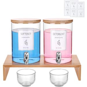 Laundry Detergent Dispenser with Bamboo Lids, Shelf Stand, Spouts, 8 Waterproof Labels, 2 Glass Cups for Liquid Detergent - 2-Pack 120 oz Glass Containers for Laundry Room Organization and Storage