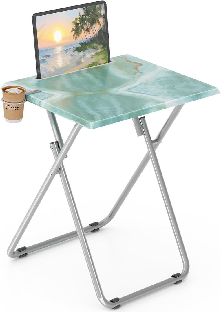 Fleecy day TV Tray Table, Folding Dinner Tray with Cup Holder Portable, Sturdy Foldable Snack Eating Table for Living Room, No Assembly Required, 15 x 18.9 x 25.6 in (Sea Blue Marble)