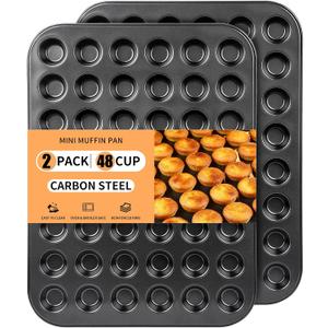 2 Pack 48 Cup Heavy Duty Steel Nonstick Mini Muffin Pan, Black 48 Mini Small Tiny Cups, Cupcake Baking Pan Molds for Dishwasher Oven