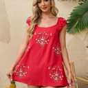 Linen Mini Cute Dress Women Floral Embroidered Dress with Crew Neck and Sleeveless Casual Guest Vintage Dresses (Red, M)