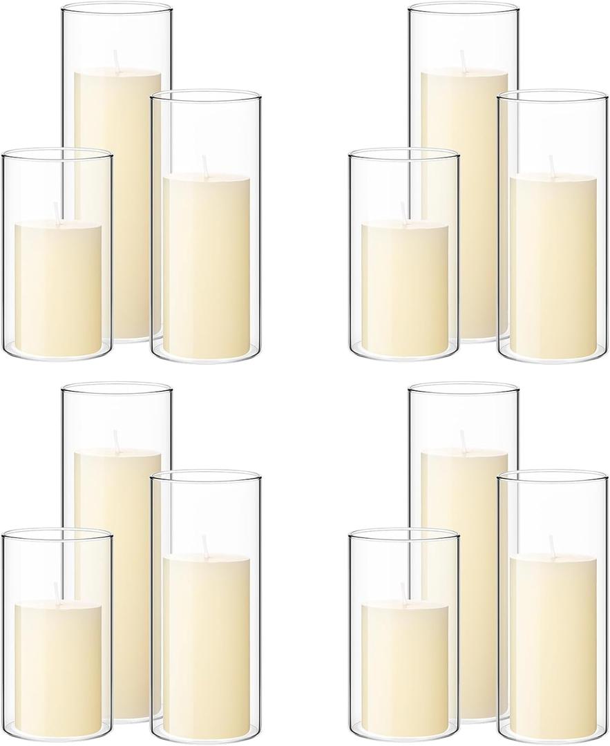 Shihanee Set of 12 Pillar Candles and Glass Cylinder Vases Clear Cylinder CandleHolders for Slim Pillar Candles Wedding Centerpieces(2.6''x 4.7'', 5.9'', 7.9'',Ivory White)