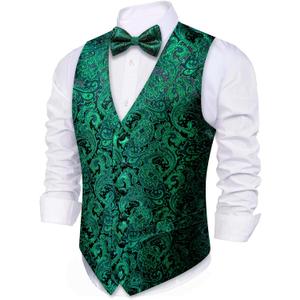 Barry.Wang Men's Waistcoat Bowtie Set Paisley Jacquard Silk V-Neck Vest Handkerchief Cufflinks Formal/Leisure Wedding Party (Emerald Green a)