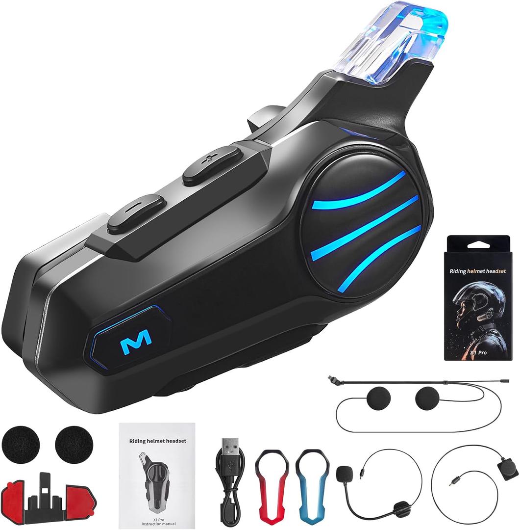 Motorcycle Bluetooth Headset, Helmet Communication System IP67 Waterproof, BT 5.4, HD Speakers, Noise Cancellation, Hands-Free Calls/Music, 2 Mics, 3 Faceplates (Carbon Black)