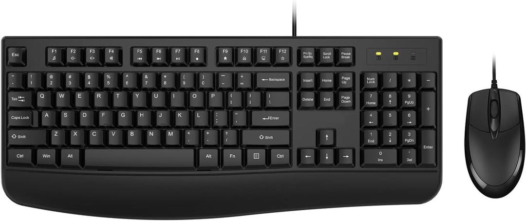 Wired Keyboard and Mouse Combo, EDJO Full-Sized Ergonomic Computer Keyboard with Palm Rest and Optical Wired Mouse for Windows, Mac OS Desktop/Laptop/PC (Black)