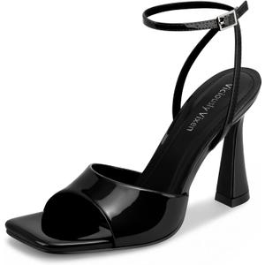 Strappy Kitten Heels for Women Square Open Toe Stiletto Mesh Heeled Sandals with Ankle Strap Wedding Party Dress Shoes (8.5, Black)