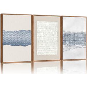 SIGNINART Large Abstract Framed Canvas Wall Art Set of 3, Minimalist Boho Line Art Prints, Modern Neutral Aesthetic Wall Decor, Blue and White Art Paintings for Living Room, Bedroom, Office 16"x24"